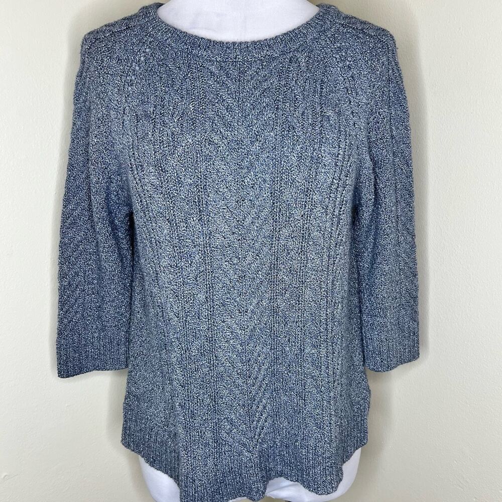 Tyler Boe Sweater Medium Womens Cable Knit Blue Back Zip Crew Neck 100% Cotton